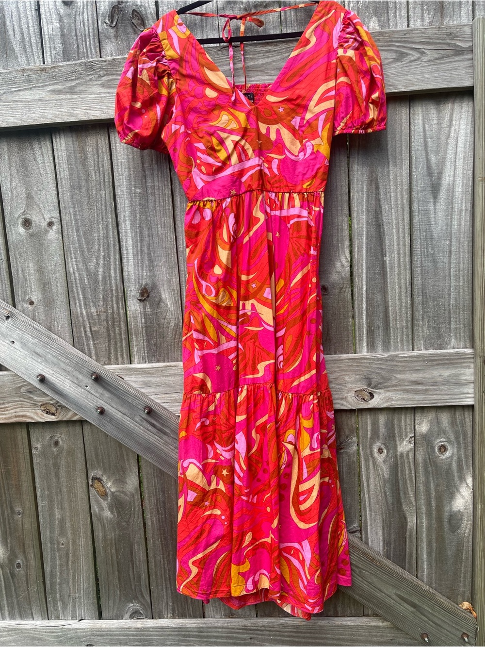 1 State Pink & Orange Swirl Maxi Dress with Puff Sleeves Sz M